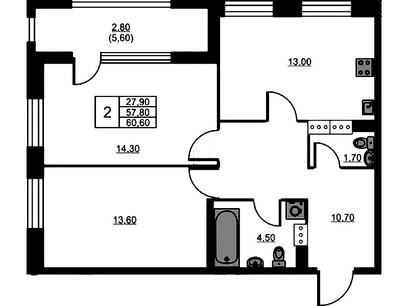 2-комнатная квартира 60.6 м², 5/13 эт., ЖК «Тайм Сквер»